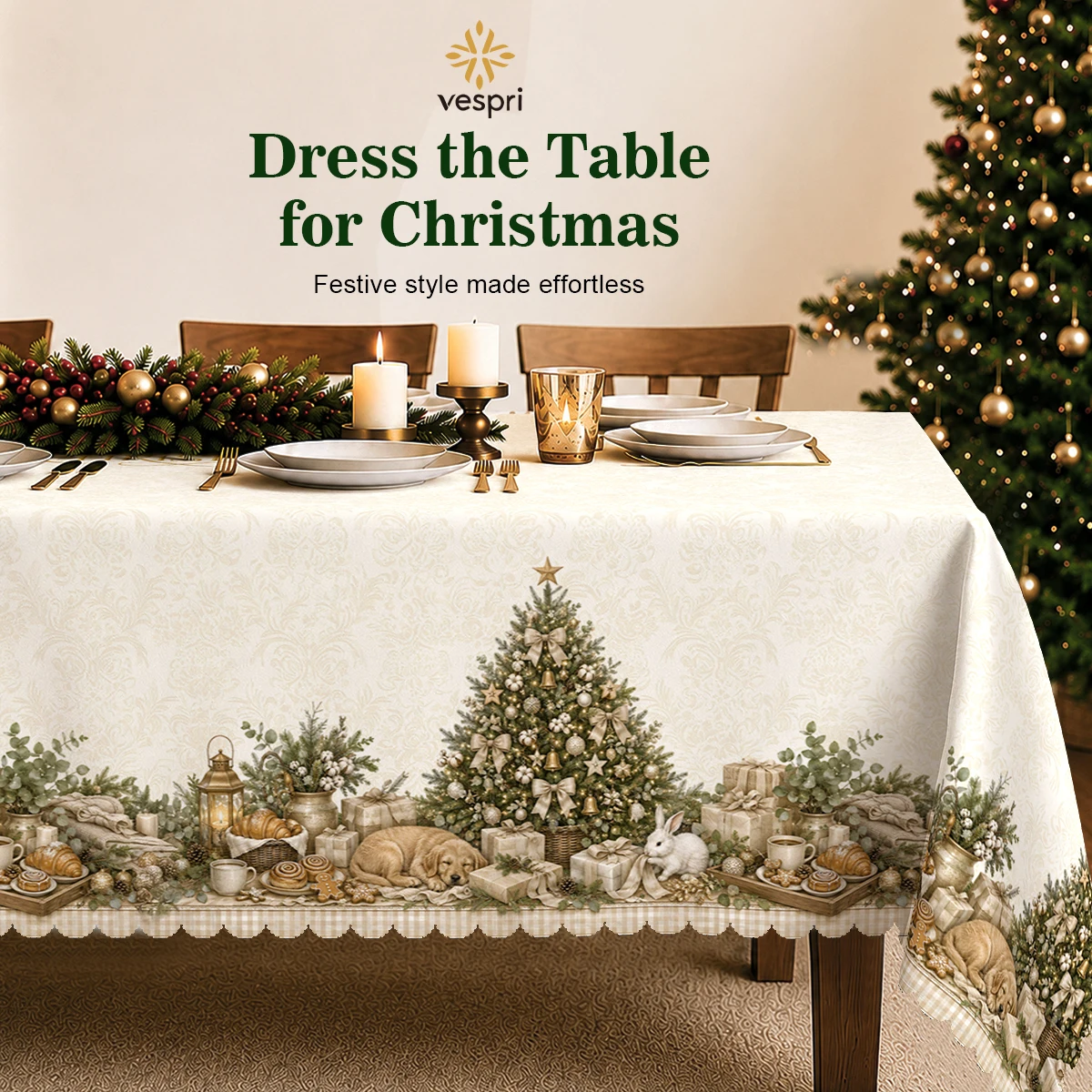 Farmhouse Tablecloth with Trees, Snowmen, Barn & Deer for Indoor/Outdoor Camping decor, Rectangular/Round/Oval
