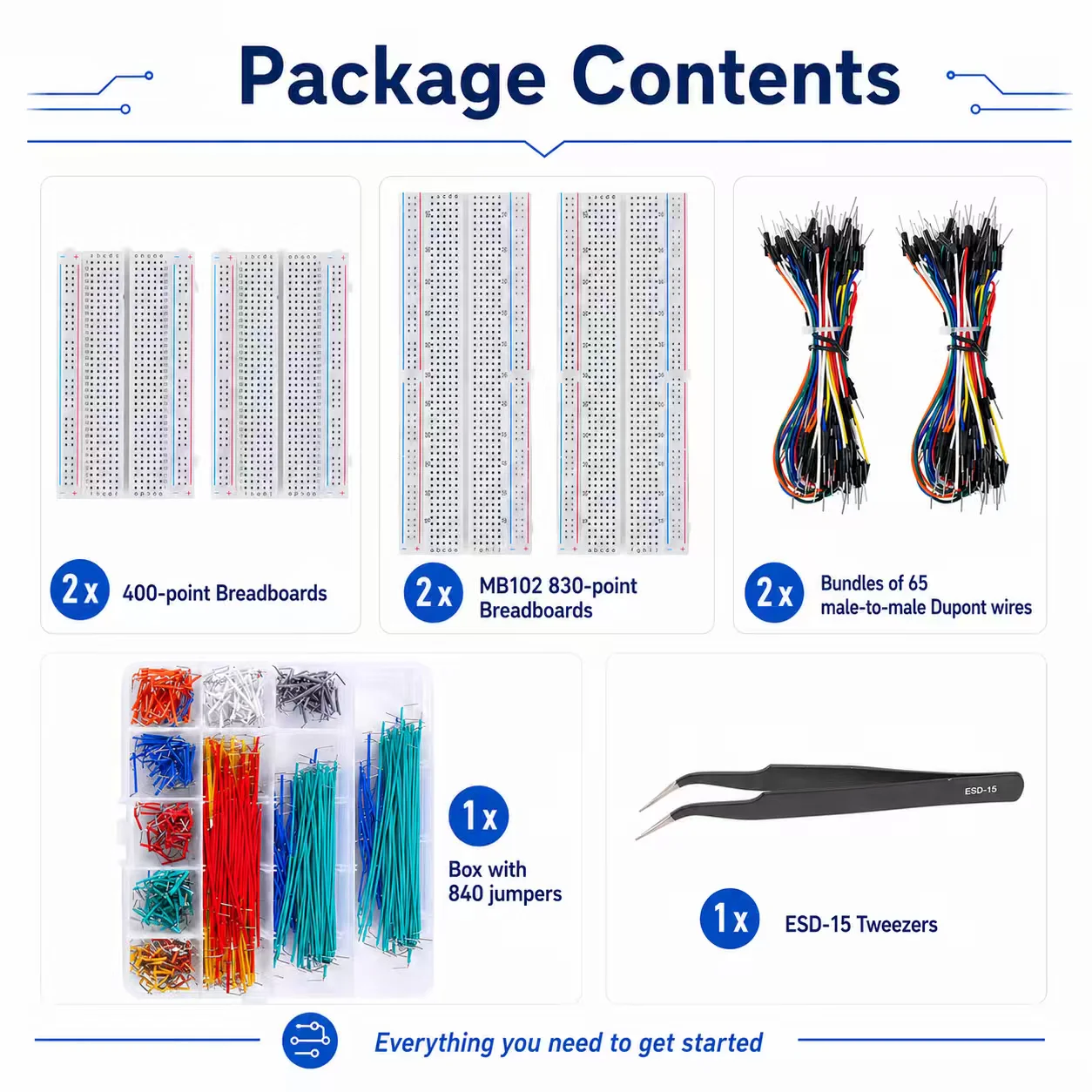 400+830 Holes Solderless Breadboard Kit with ESD-15 Tweezers & 840 Jumper Wires
