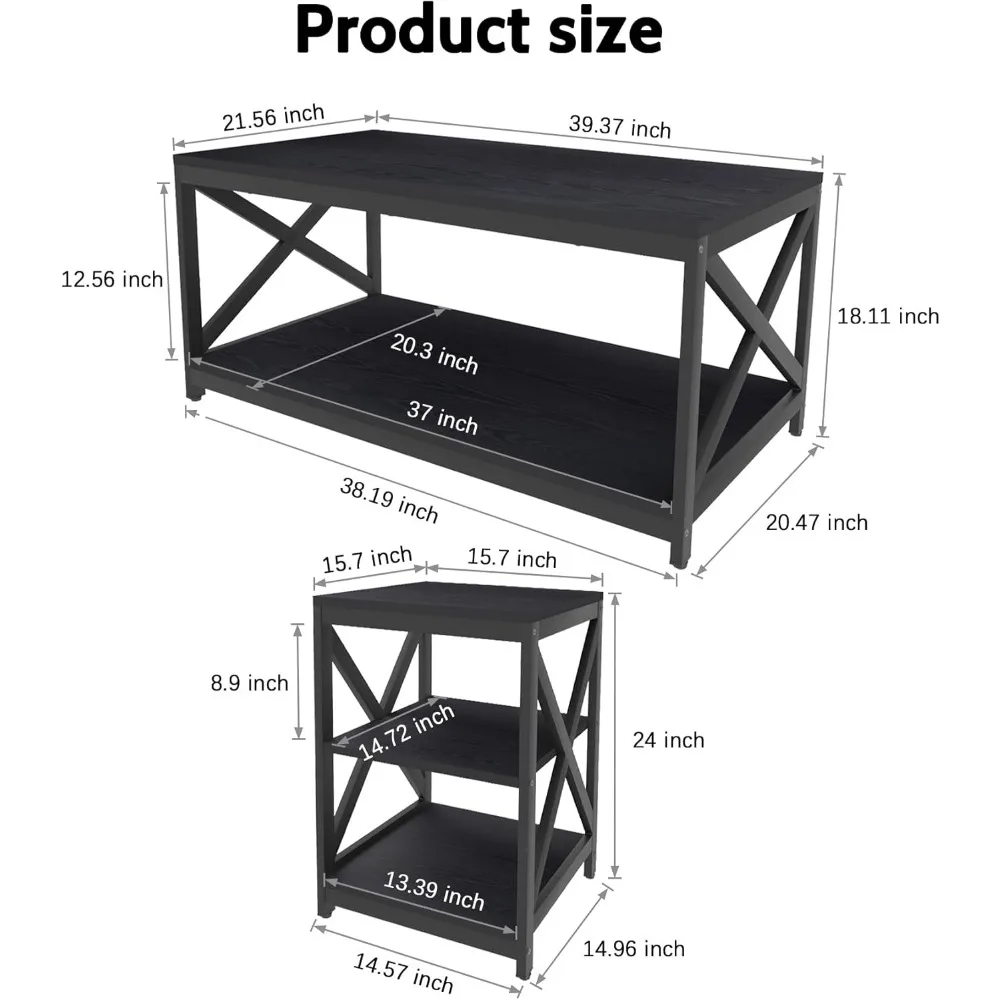 Juego de mesa de centro de 3, mesa de centro industrial de diseño X y 2 mesas auxiliares, juego de mesas de salón de 3 piezas con almacenamiento grande