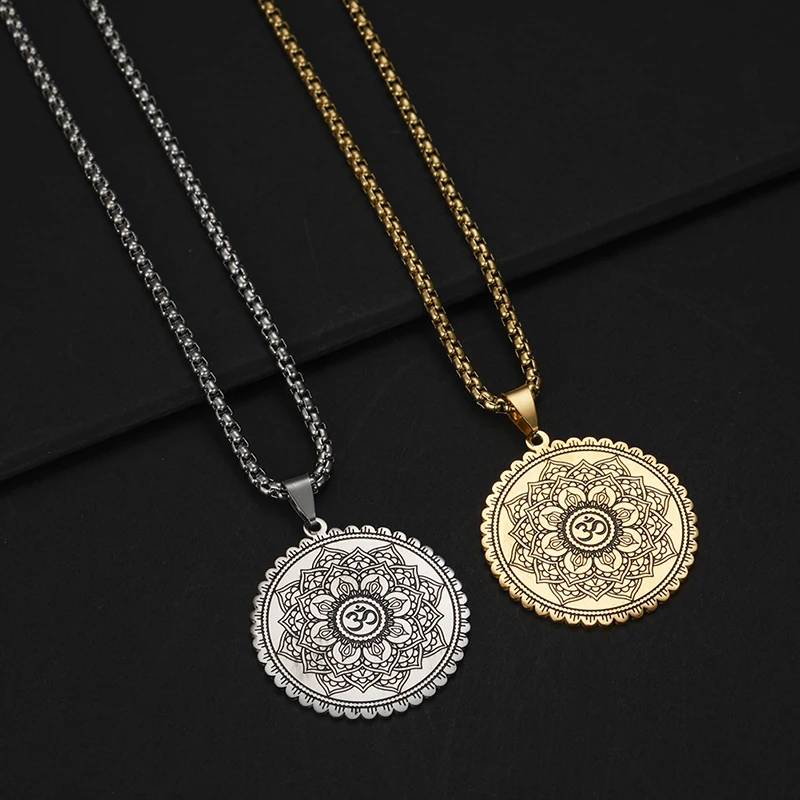 Amaxer Retro Large Petal Life Flower Engraved Circular Pendant Necklace For Women Men Amulet Stainless Steel Chains Jewelry Gift