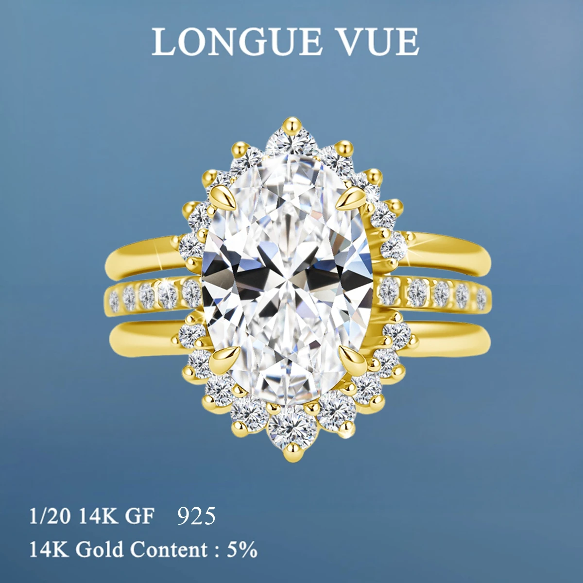 14K Gold Filled 3pcs Bridal Ring Set 5CT Oval Moissanite Wedding Rings for Women Engagement Anniversary Party Trendy Jewelry