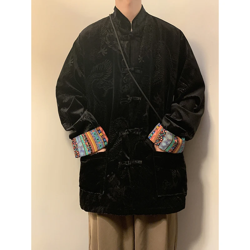 Setelan Pria Model Baru Gaya Cina, Bahan Beludru, Longgar, Kerah Tegak, Kancing Depan, Pakaian Luar Musim Gugur Musim Dingin