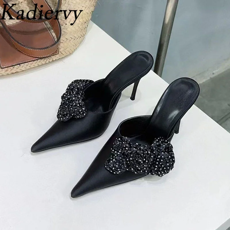 Luxury Pearl Flower Slippers Woman High Heels Party Shoes Woman Pinted Toe Satin Mules Summer Thin Heels Slides Woman