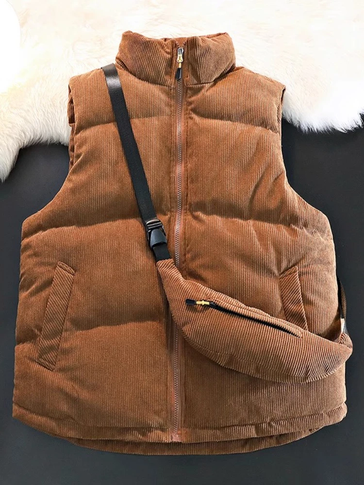 

Мужской зимний вельветовый жилет с воротником-стойкой и сумкой, утепленный стеганый теплый жилет, куртка без рукавов, уличная рабочая одежда, верхняя одежда