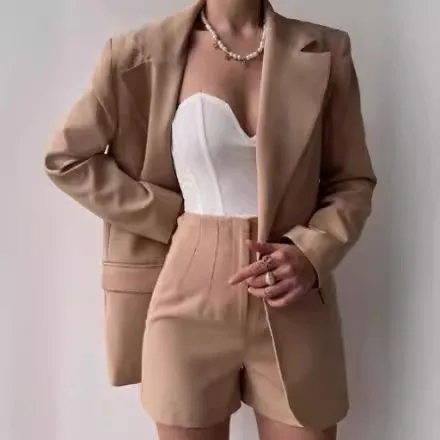 Office Lady Set Solid One Button Lapel Long Sleeved Suit Jacket Zipper Shorts Two Piece Spring Summer Fashion Commuting Suit