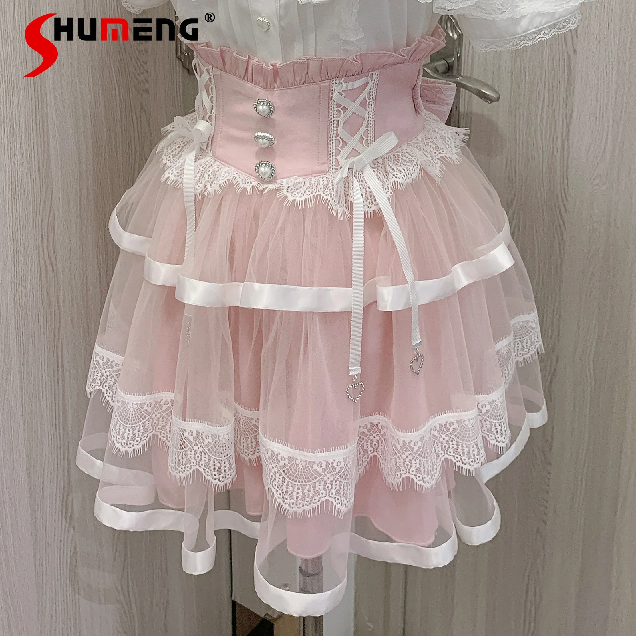 

Original Japanese Mine Mass- Produced Girl Short Skirt Sweet Bow Lace Mesh Lolita Short Fishbone Skirts Black Long Sleeve Shirt