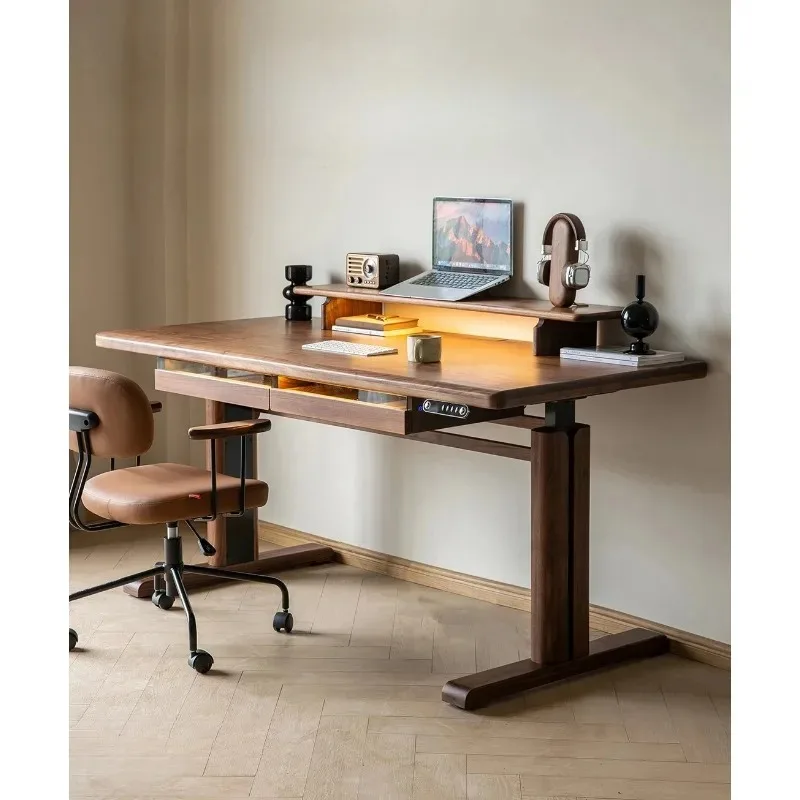 North American black walnut electric lifting desk, solid wood smart office computer desk