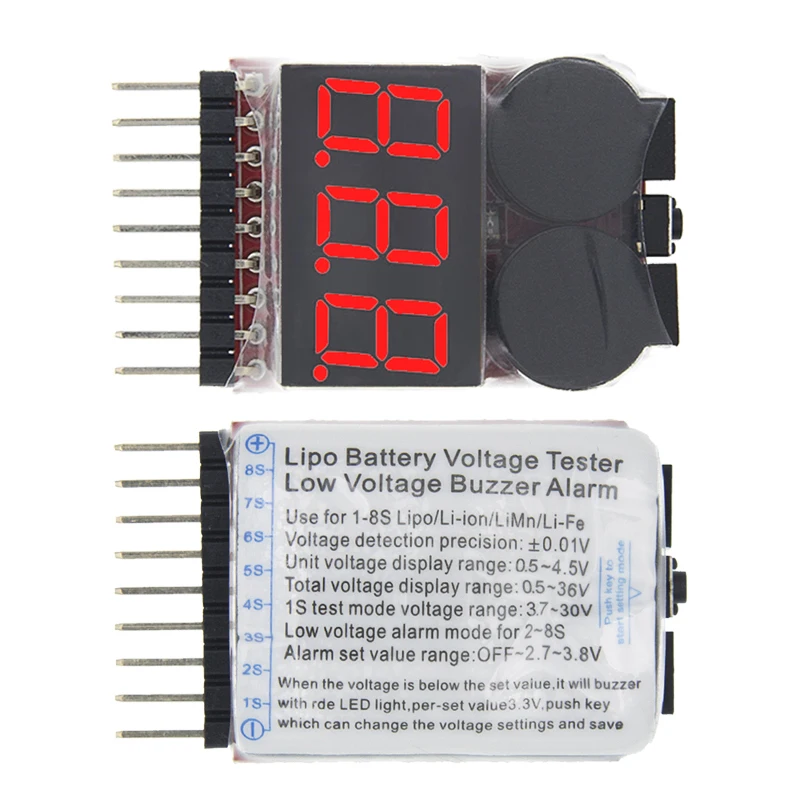 1-8S BBX1-8S 2IN1 Lipo Battery Voltage Tester / Low Voltage Emergency Alarm Battery Voltage Control Dual Speakers for Lipo LiHV