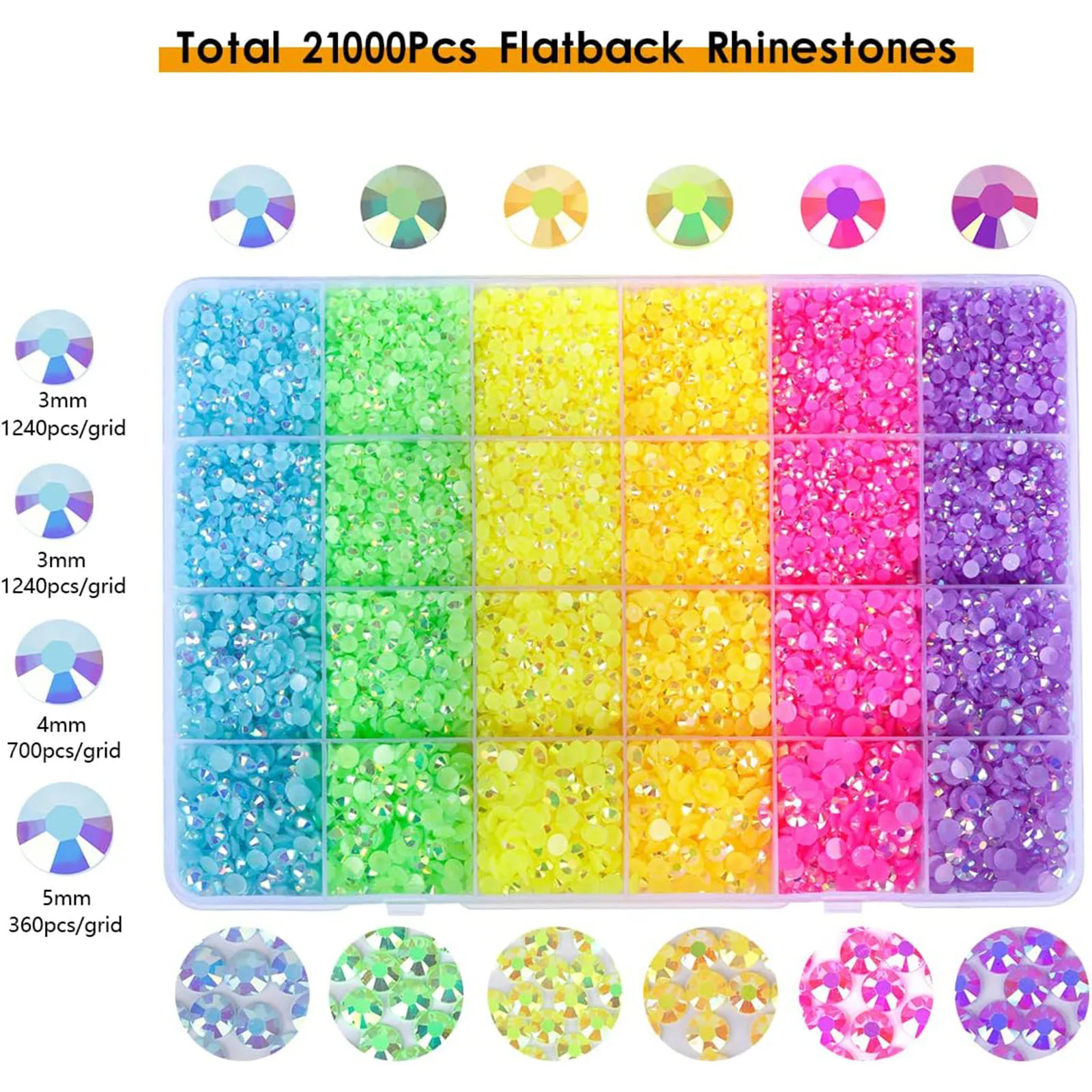 21500pcs Resin Flat Back Rhinestones- Assorted Size Colorful AB Color Round Flat Back Resin For Nail Art DIY Decoration