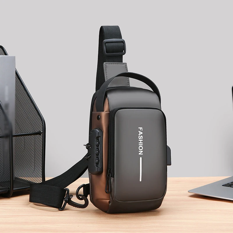Diebstahlsichere Kombinations-Schloss Herren Brusttasche Wasserdichte Hartschalen PU-Leder Umhängetasche Tragbare Handgurt-Schultertasche – Detail 4