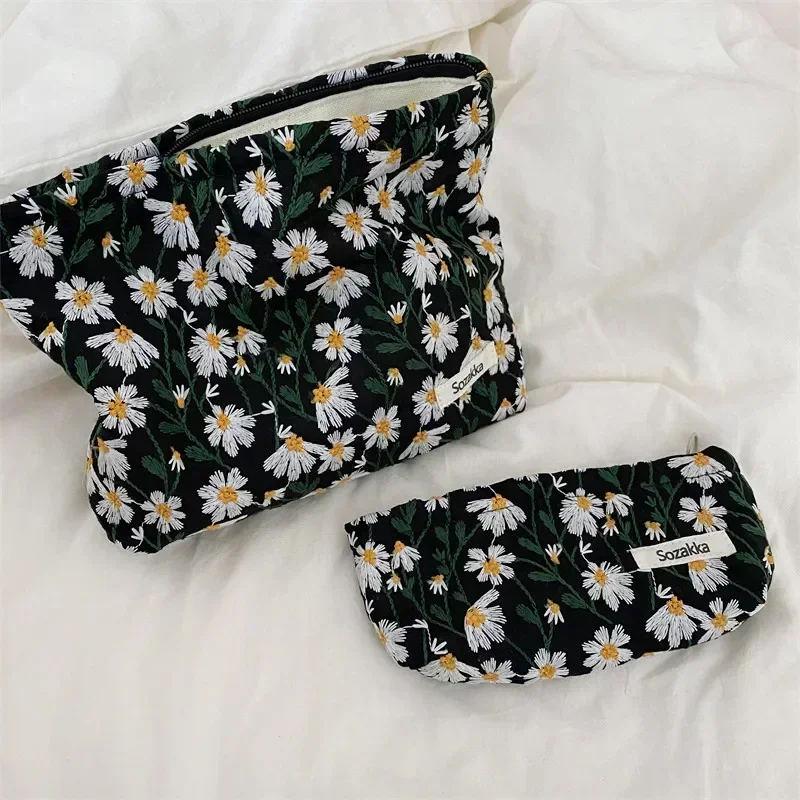 Korean Embroidery Cosmetic Bag Women Floral Makeup Case Organizer Cosmetic Pouch Travel Toiletry Bag Corduroy Canvas Beauty Case