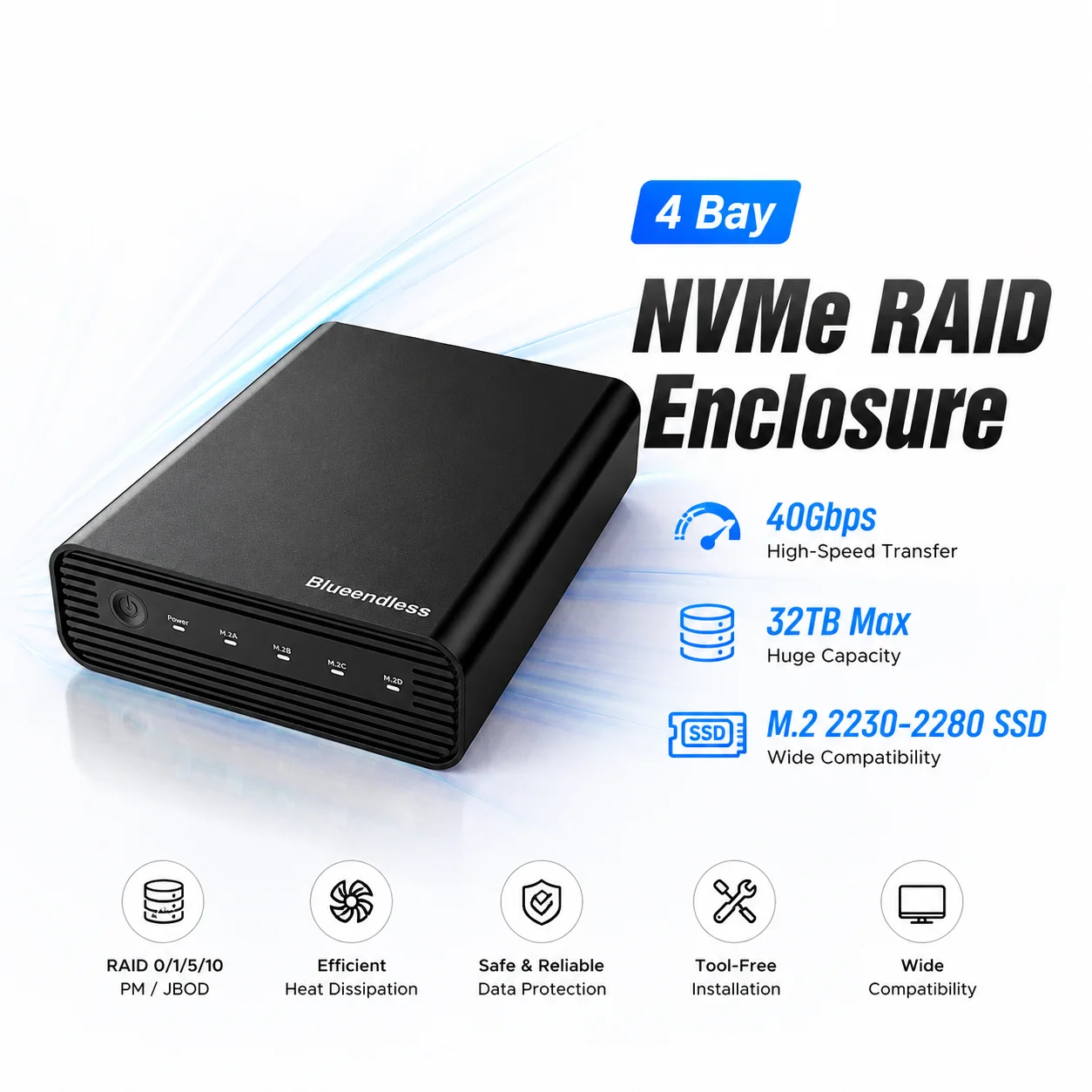 

4 Bay NVMe RAID Enclosure USB4 40Gbps M.2 SSD Case 32TB Aluminum External Storage Box for Mac Windows Linux