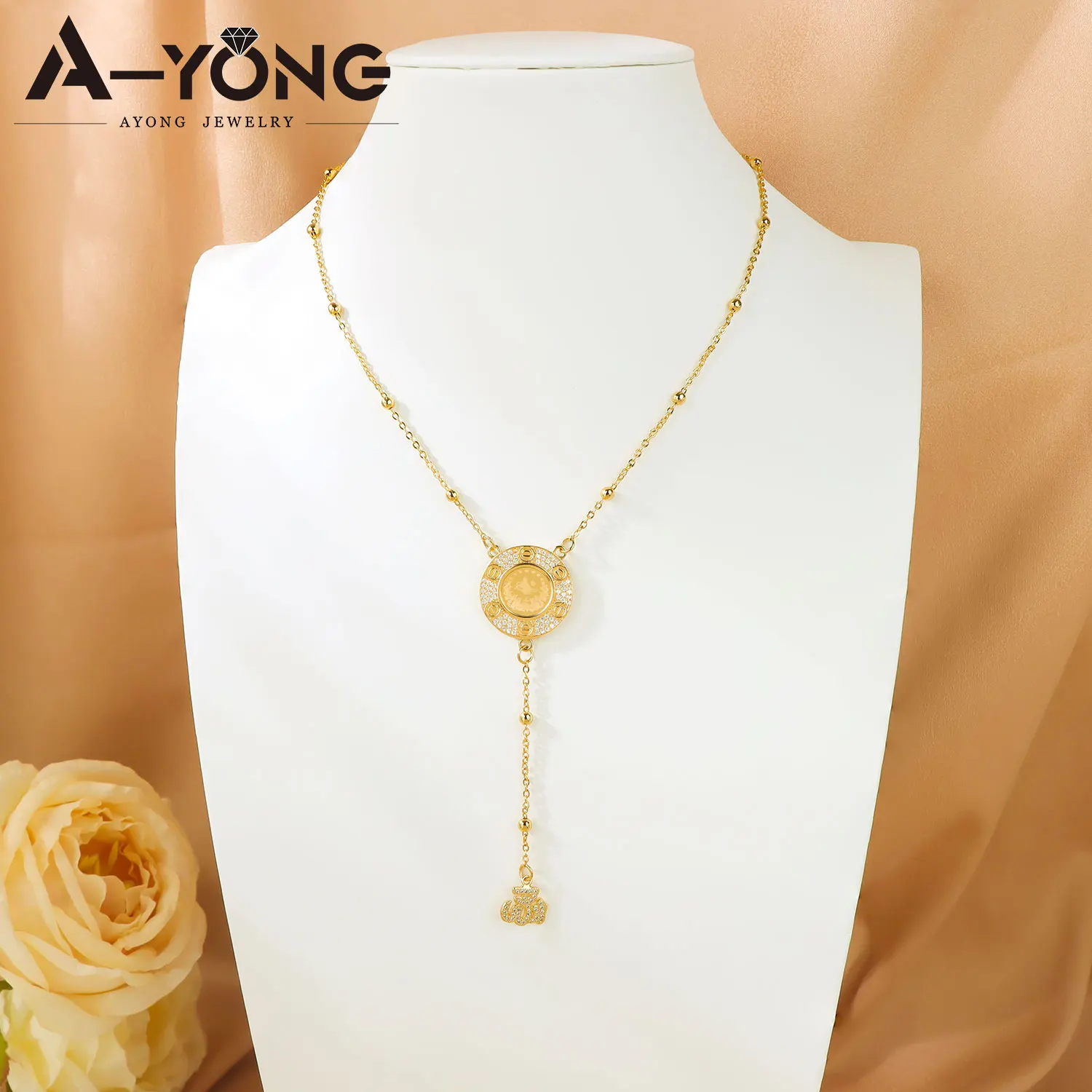 Arabic Fashion Zirconia Necklace 21k Gold Plated Dubai Muslim Lucky Coins Necklaces Women Vintage Ayatul Kursi Jewelry