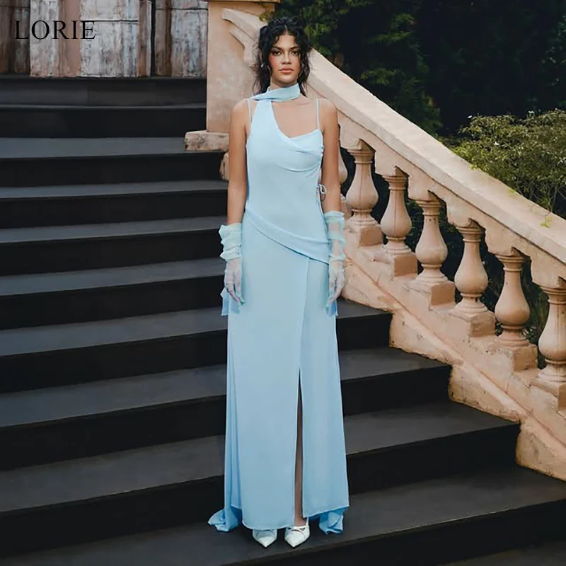 

LORIE Chic Blue Chiffon Evening Dresses Sexy Sleeveless Side Slit Backless Party Dress Pleat Ribbons Prom Gowns Customized