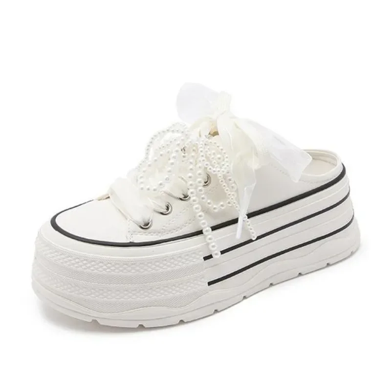 

7CM Women Platform Wedge Slippers String Bead Sandals Slides Women Spring Summer Air Mesh Sneaker Shoes Mules Shoes Breathable