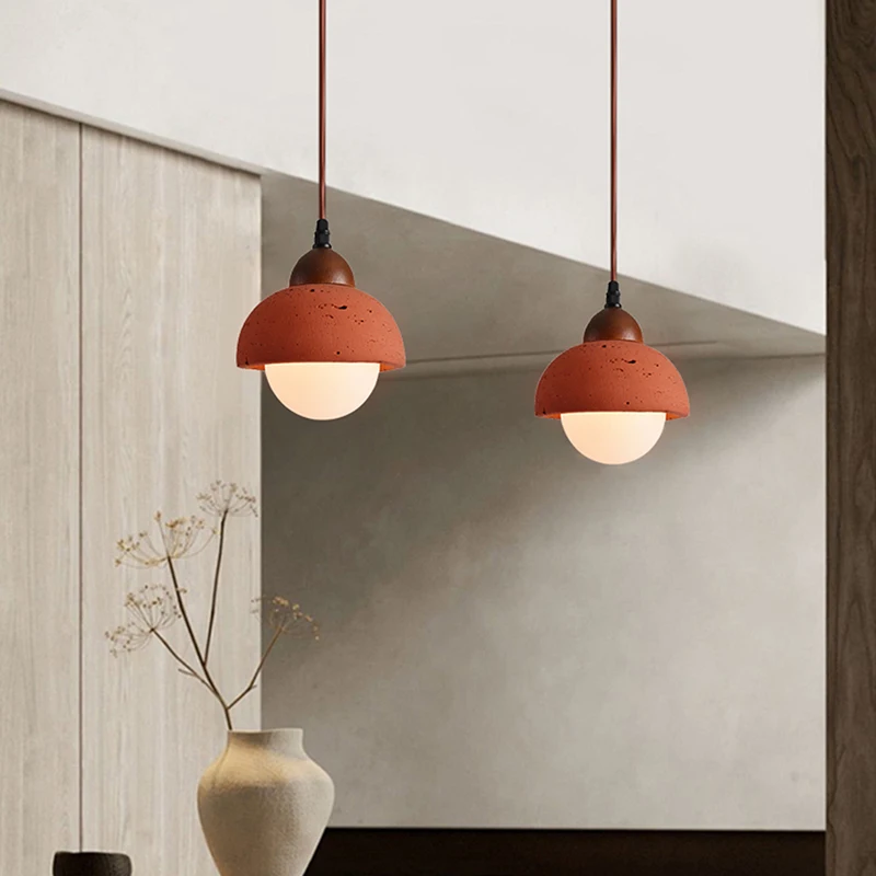 

Retro Red Peach Wood Bedroom Headboard Semi-Circular Pendant Lamp Led Stone Restaurant Water Bar Counter Small Ceiling Droplight