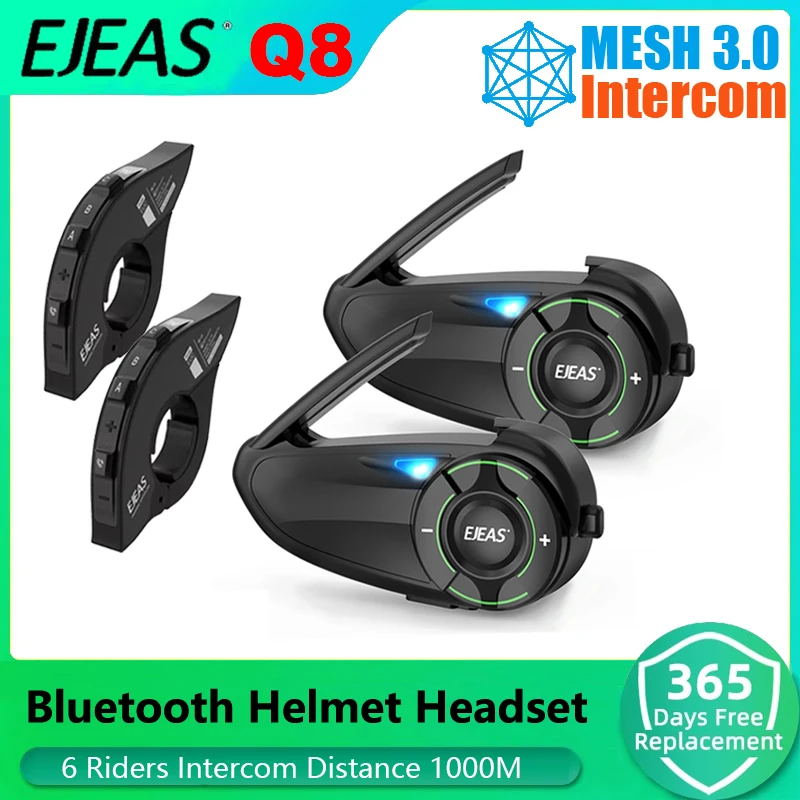 EJEAS Q8 Motorcycle Bluetooth Intercom Type-C Interface Six-Person Group Intercom Distance 1000 Meters Supports Channel Switchin