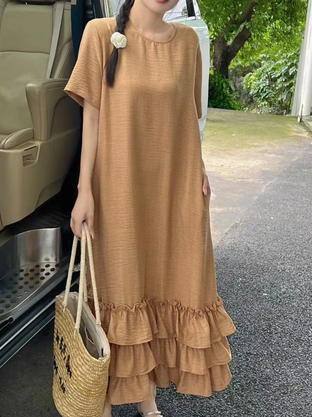 Vestido casual solto de manga curta f, vestido longo fino de verão com gola redonda, bainha de renda dupla camada, efe...