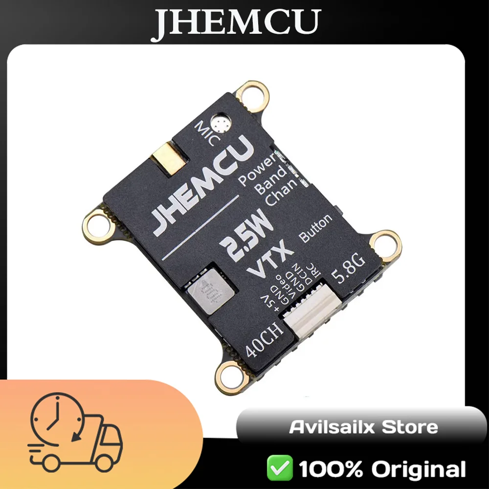 

JHEMCU 2.5W VTX 5.8G 40CH Adjustable FPV Transmitter Built-in Microphone Heat Sink 2-6S 30X30mm for RC Airplane FPV Long Range