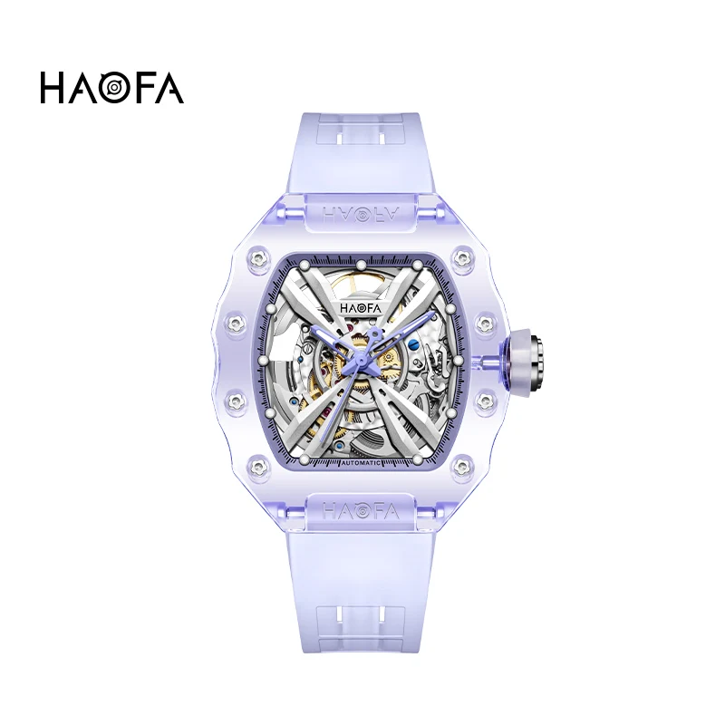Haofa Crystal Automatic Mechanical Watches for Men Luxury Transparent Middle Size Wristwatch Hollowing Waterproof Luminous 2302