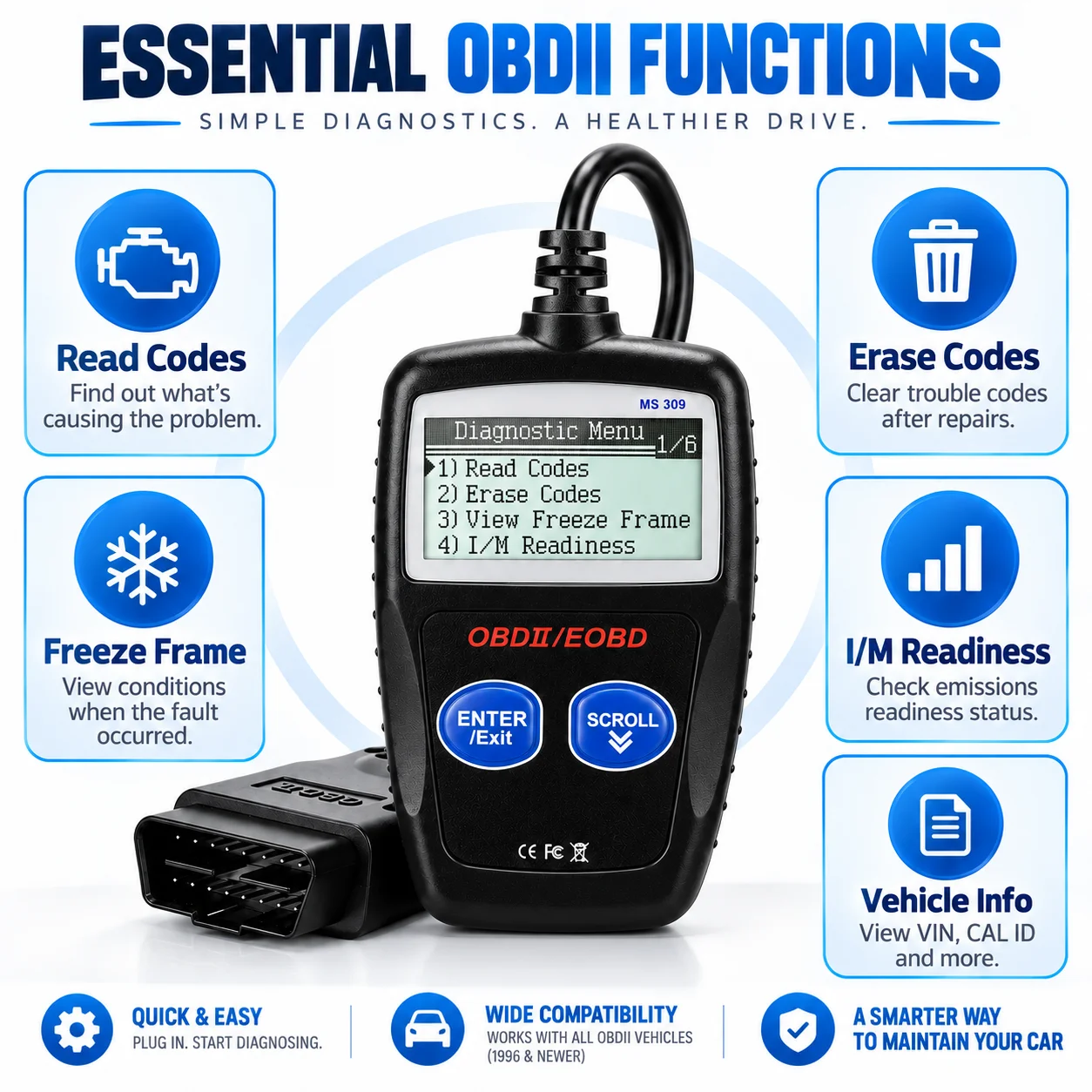 Ms309 Car Obd2 Scanner Obdii Engine Code Reader Diagnostic Tool Check Engine Fault Code Tester