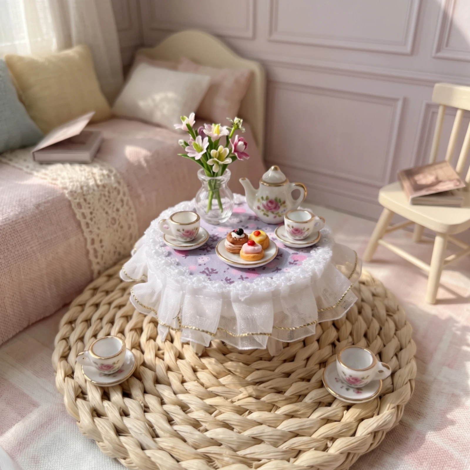 Round Dollhouse Table Compact Miniature Table with Skirt Miniature Scene Accessories Vintage-Inspired Furniture Realistic