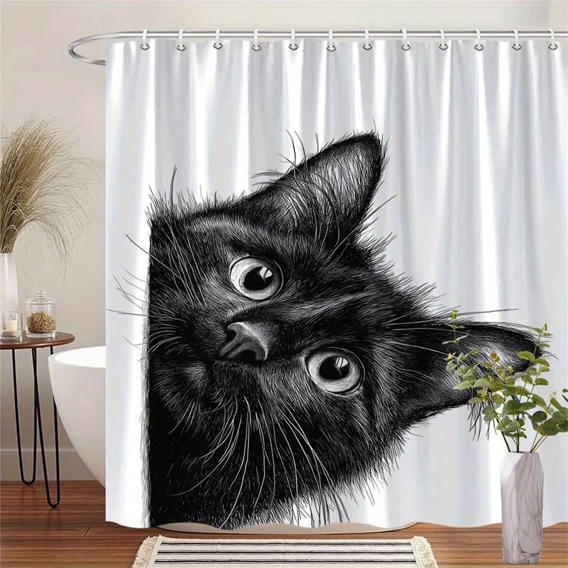 

1 Реалистичная черно-белая занавеска для душа с кошачьей головой и рисунком карандаша — детальный текстурированный мех, полиэфирная ткань, можно стирать в машине