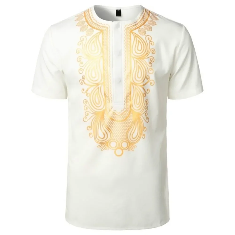 Men\'s Summer 3D Gold Printed Short Sleeves, African Style, Fashionable, Casual, Loose Fitting, Breathable, Polyester Fiber.