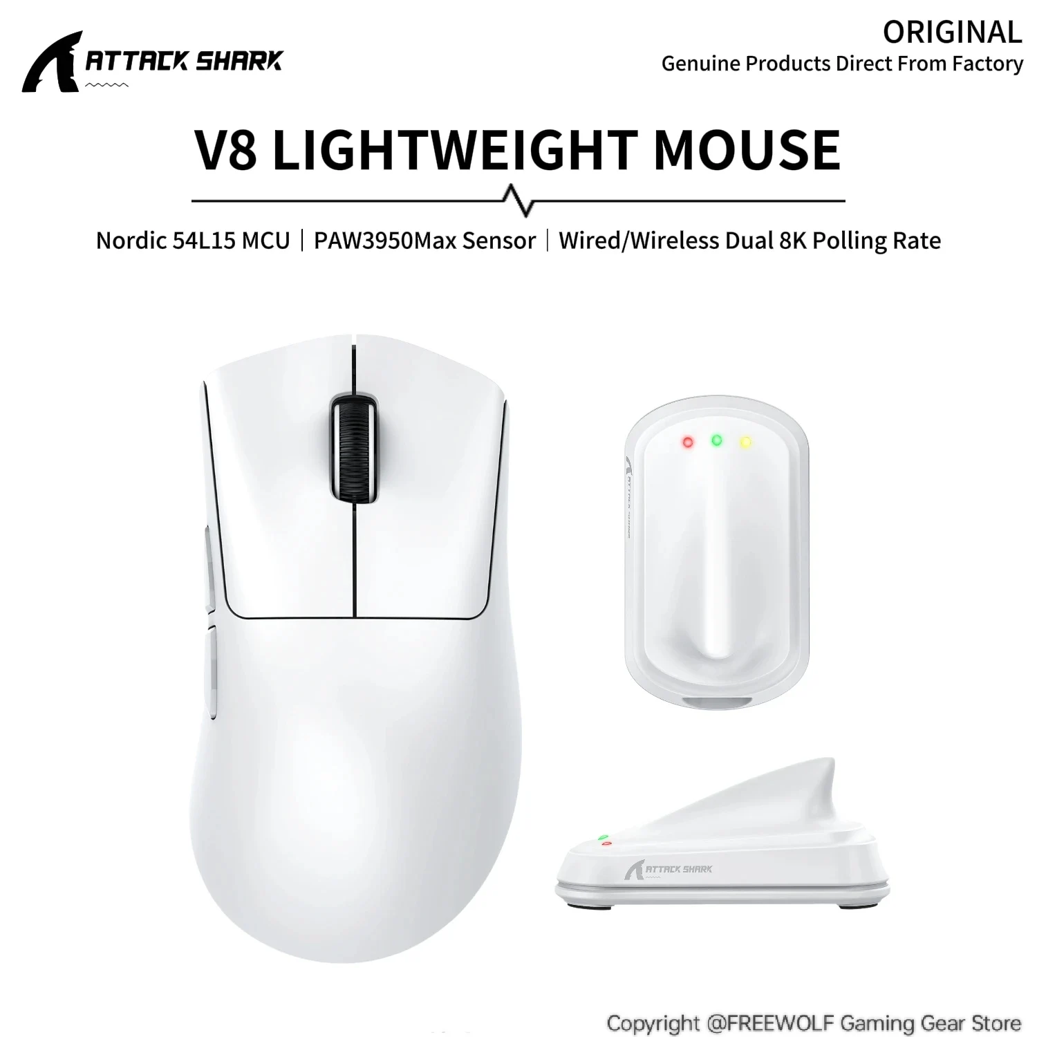 Attack Shark V8 Ice-Cool Coating Mouse and 8K Receiver,PAW3950Max Sensor,42000DPI,Nordic54L15 MCU,Right Hand Design Lightweight