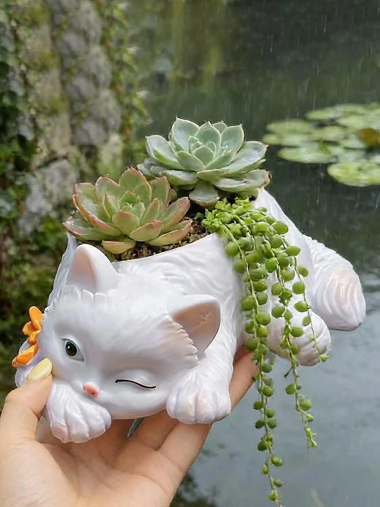 Kreativer Zwinkernder Katzen-Keramiktopf für Sukkulenten Niedlicher Tierförmiger Blumentopf mit Fliege für Heim Garten Balkon Deko Geschenk – Detail 1
