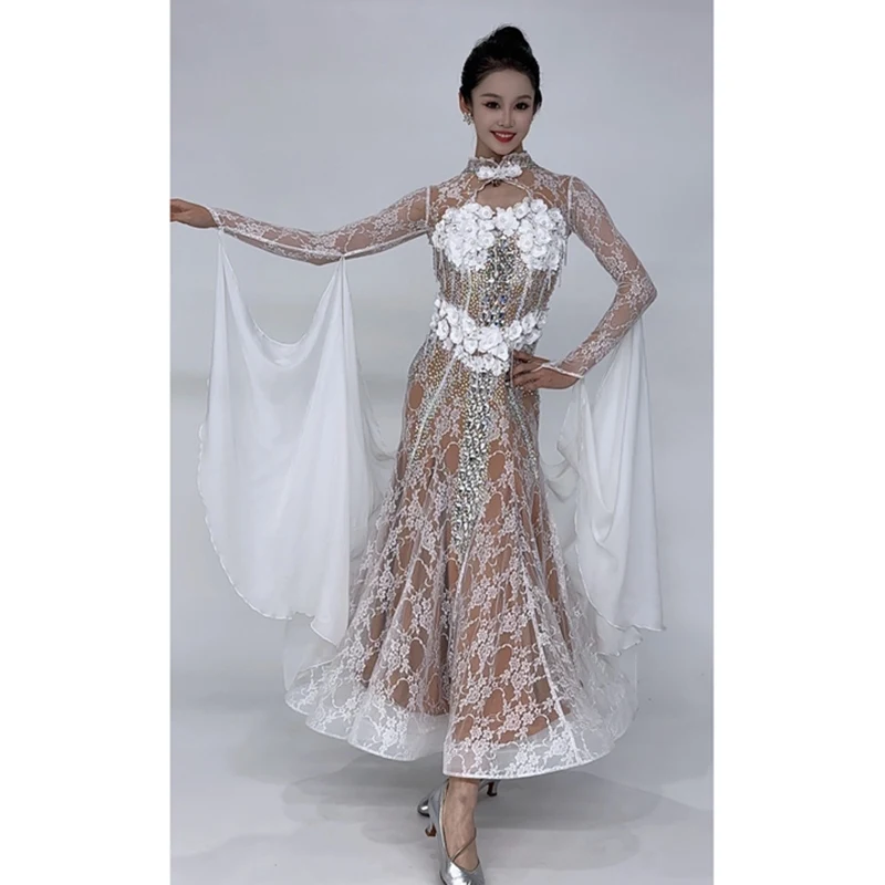 High End Luxury Flower Lace Ballroom Dance Competition Dress Waltz Dance Performance Costume Social Dance Prom Stage Dress