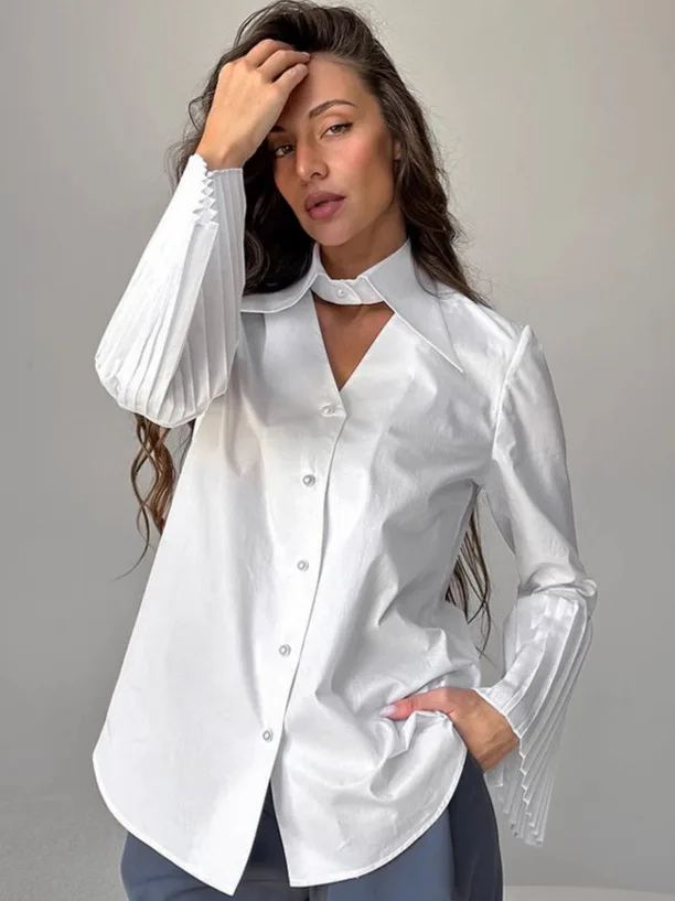 

Casual Sle Splicing Pure Color Lapel irt for Women Long Sve Bell Sve Chinese Brand Women's Faion Summer irt