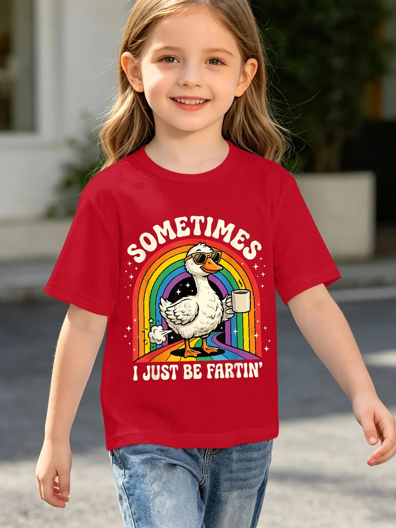 Funny Cool Duck Rainbow Slogan Cartoon Graphic Print T Shirt Family Matching Boys Girls Kids Short Sleeve Daily Tees