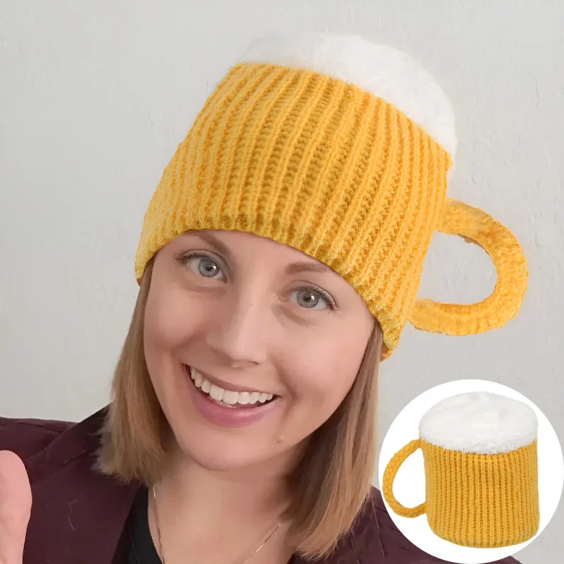 

3D Beer Cup Hat Funny Creative Knitted Pullover Hats Autumn Winter Versatile Unisex Warm Hairline Cap Beer Lovers' Year Presents