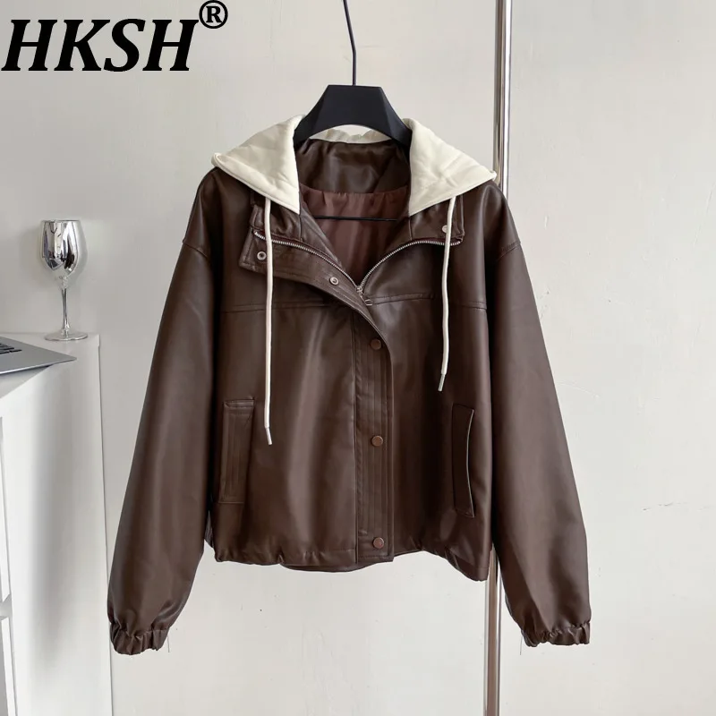 

HKSH Punk Jacket For Women Autumn New Hooded Contrast Color Faux Leather Pockets American Retro Streetwear Stylish Coats HK10982