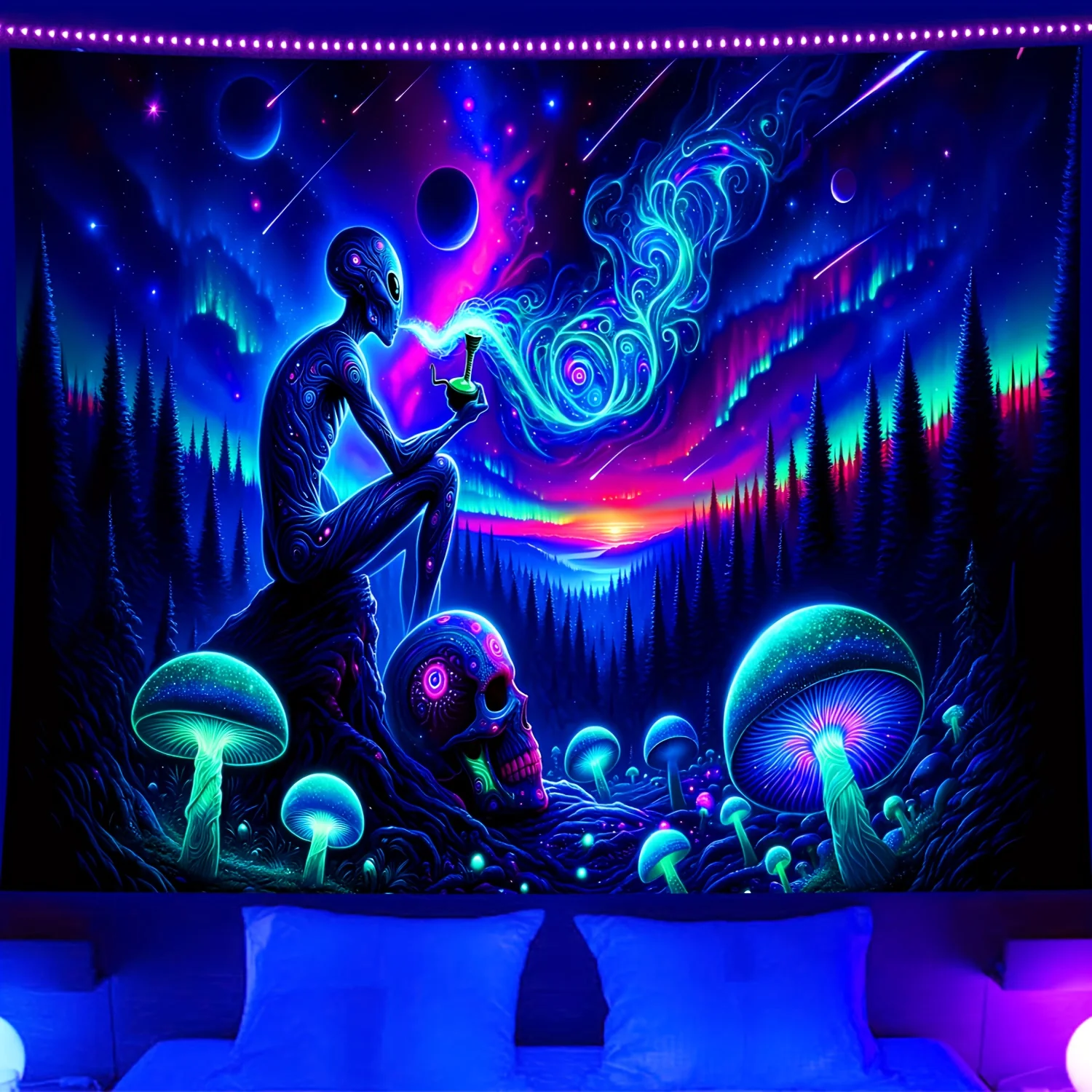 Tapiz Decorativo VIKAMA con Estampado de Aurora Boreal, Cielo Estrellado y Bosque Extraterrestre, Decoración de Pared para Cabecera, Estilo Bohemio, Adorno para Habitación