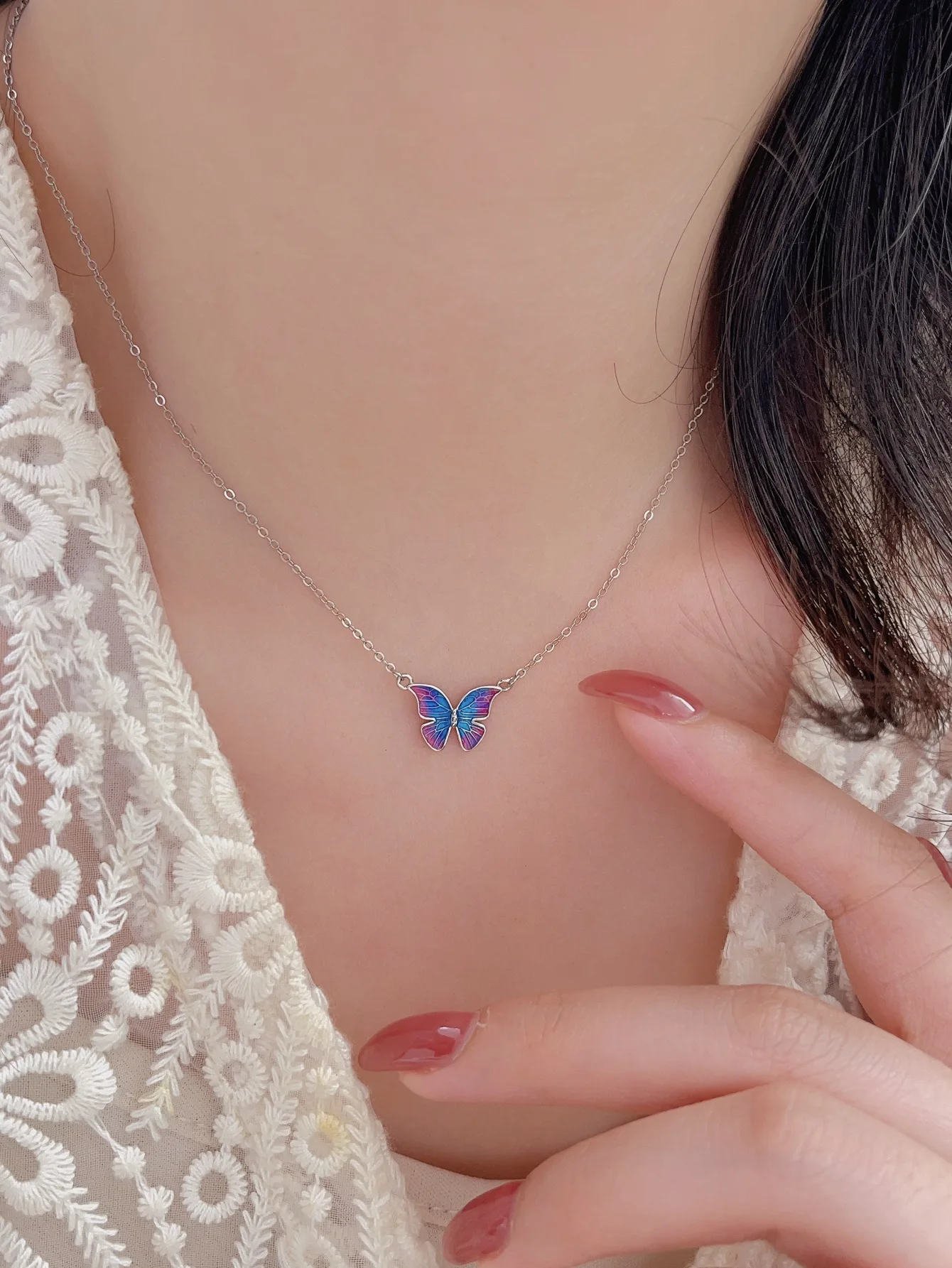 Blue Purple Butterfly Pendant Necklace for Women Made of Sterling 925 Silver and Zircon,Retro Elegant Style for Party or as Gift