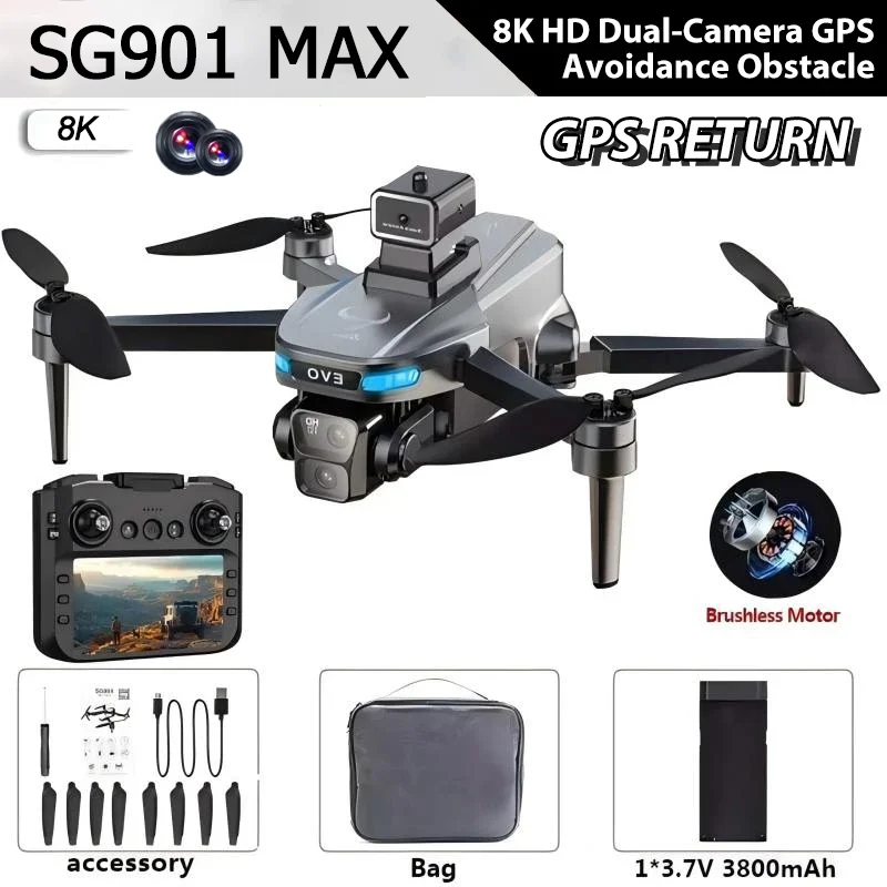 Lenovo SG901 MAX GPS Drone Professionele 8K Luchtfoto HD Obstakelvermijdende drone met groter scherm, afstandsbediening en opvouwbare borstelloze motor