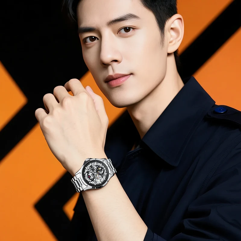 새로운 할로우 스켈레톤 남자 기계식 손목 시계 패션 비즈니스 시계 남자 캐주얼 스포츠 방수 자동 시계 남성용