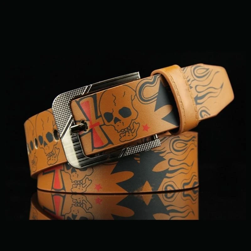 

652F Pin Buckle Belt for Men Women Popular Skull Printing Waist Belt Hiphop Belts for Teenager Boys Girls Unisex Cowboy Belt