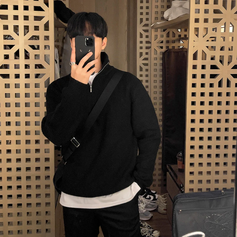 American Style Half Zip High Neck Knitted Sweater Men's High-End Loose Woolen Coat Pure Color Versatile Warm Wool Sweater