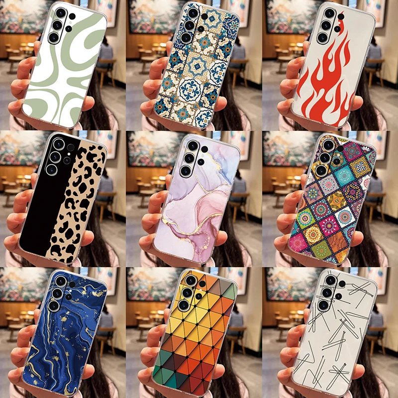 For Samsung Galaxy S23 S23 Plus S23 Ultra Phone Cases Speckle Lattice Ink Block Flame Pattern For Samsung S23 Transparent Shells