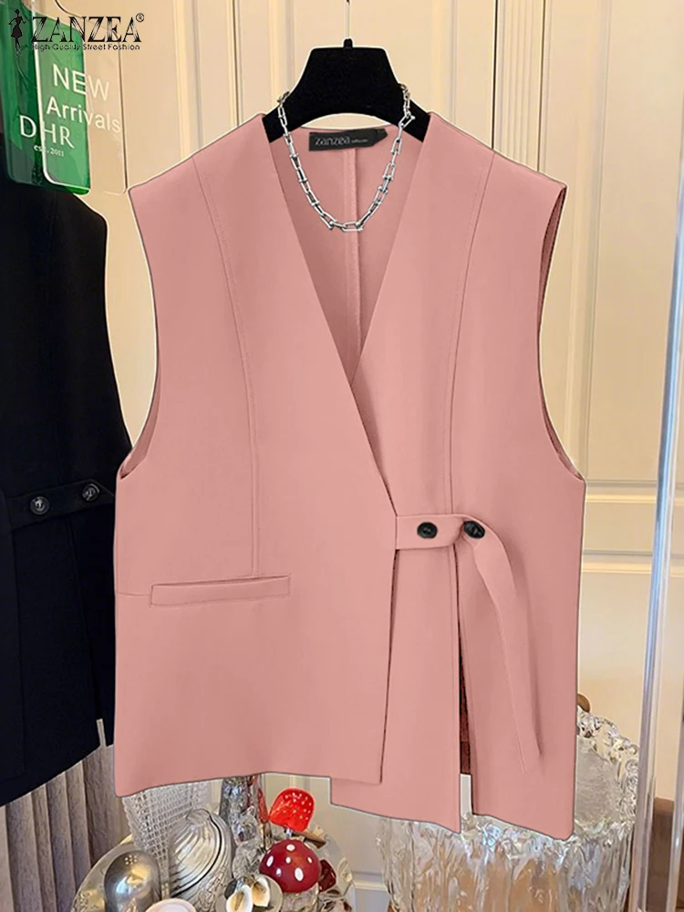 2025 ZANZEA Moda Gilet Donna Autunno Tuta Sportiva Elegante Con Scollo A V Gilet Casual Solido Fasciatura Elegante Ufficio Streetwear Cappotti Sottili