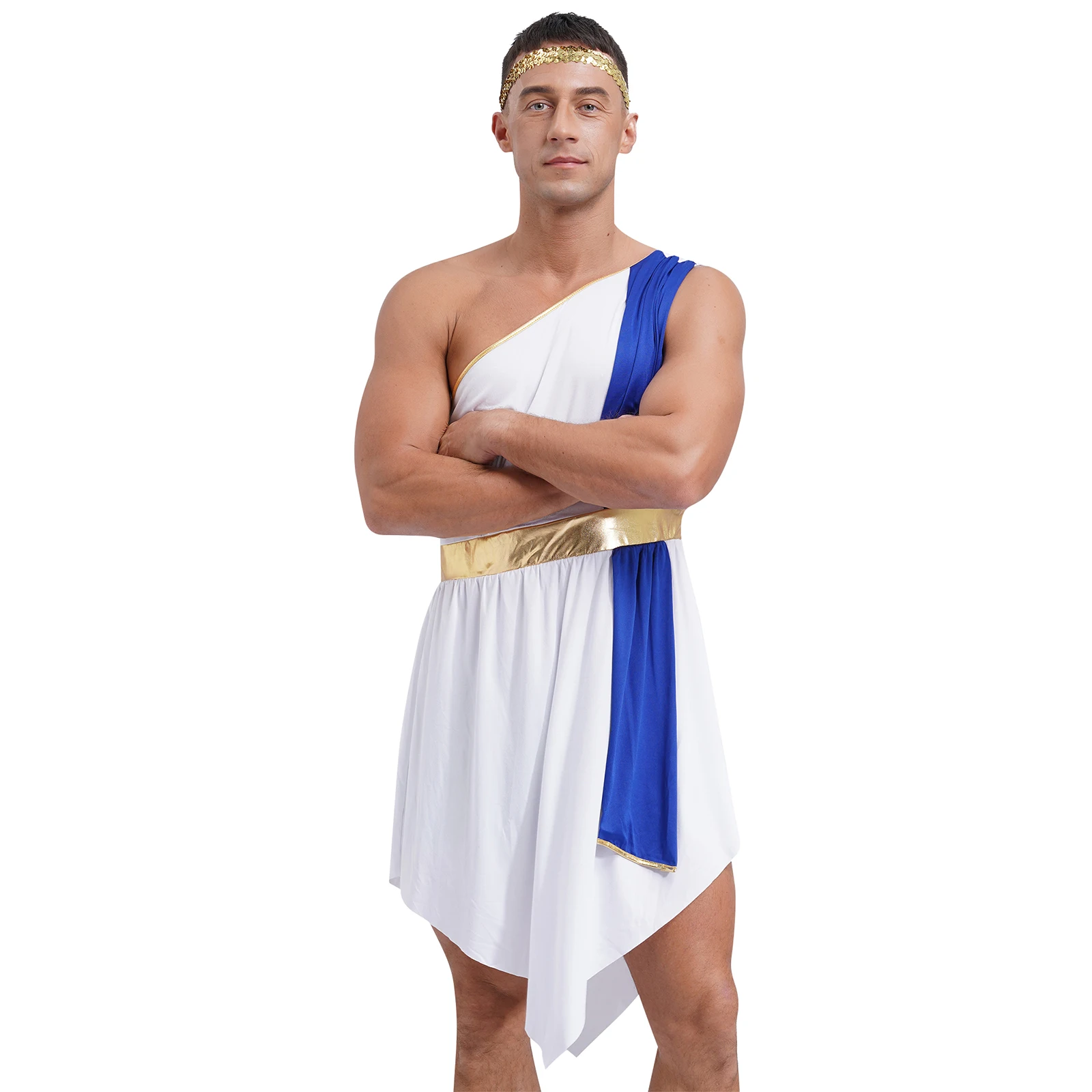 Mens Ancien Greek Roman Toga Costume Athenian Role Play Color Block One Shoulder Irregular Hem Tunic Robes with Sequin Headband