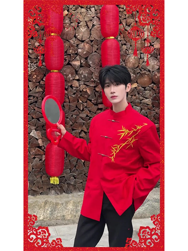 

Red Chinese Sle Men's Jaet with Buttoned Cuffs And Bamboo Le Embroidery for Engagement Spring Faion Youth Trend