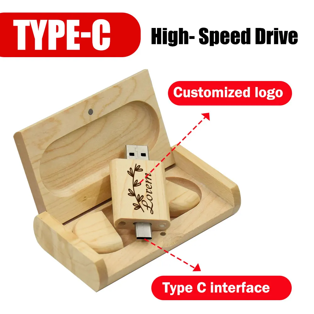 TYPE-C Wooden USB 2.0 Flash Drives 128GB Free Logo Pen Drive Creative Business Gift U Disk 64GB Wedding Memory Stick 32GB U disk