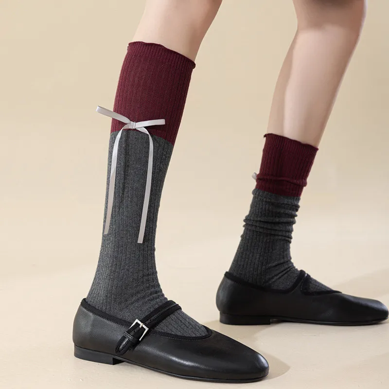 Color Matching Black White Gray Socks Stockings Ribbon Bow Lolita Kawaii Ruffle Socks JK Girls Cotton Knee Socks Women Stockings