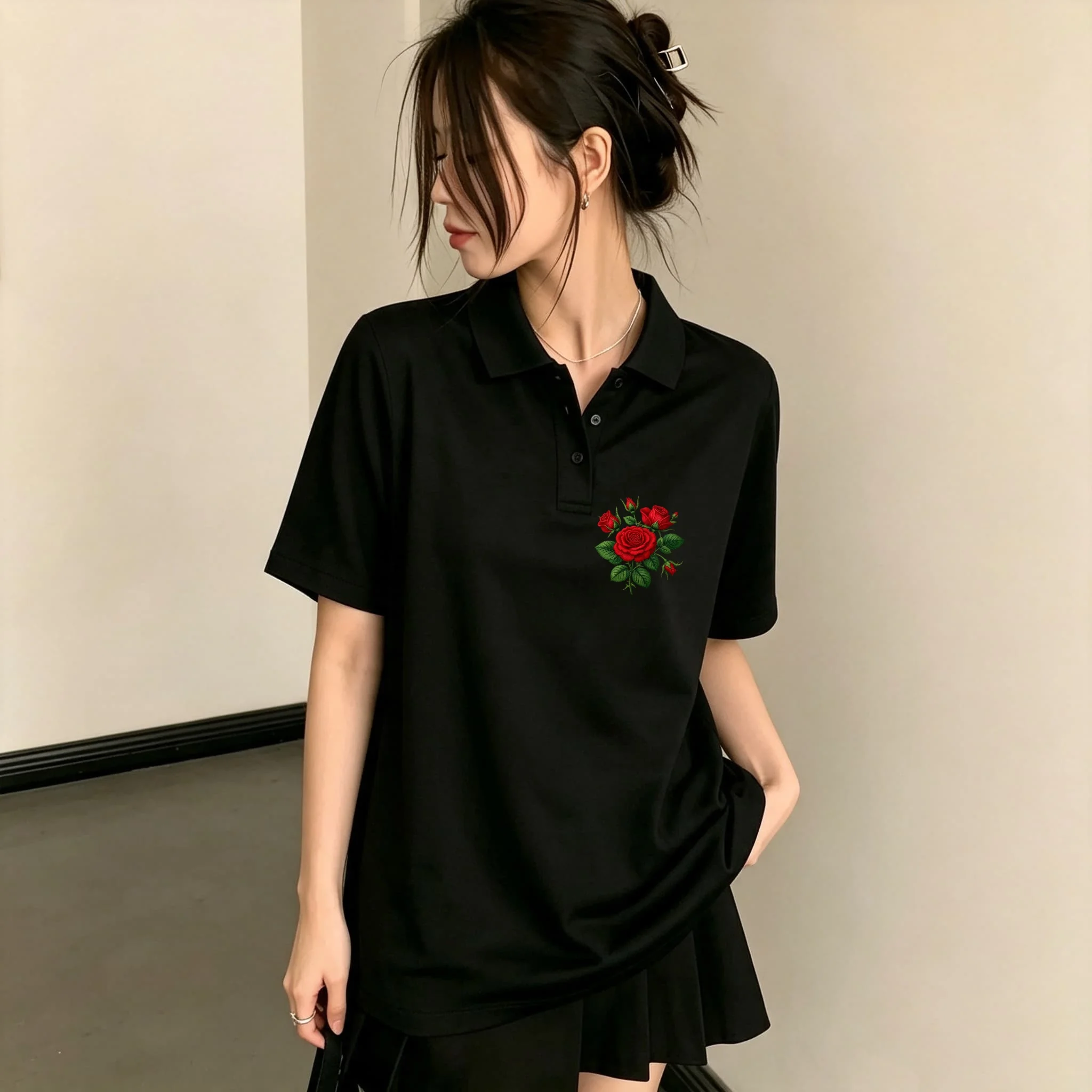 All-match Casual Black Polo Blouse for Girls Delicate Red Floral Rose Embroidery Short Sleeve Loose Breathable Daily Wear Simple Basic Shirt