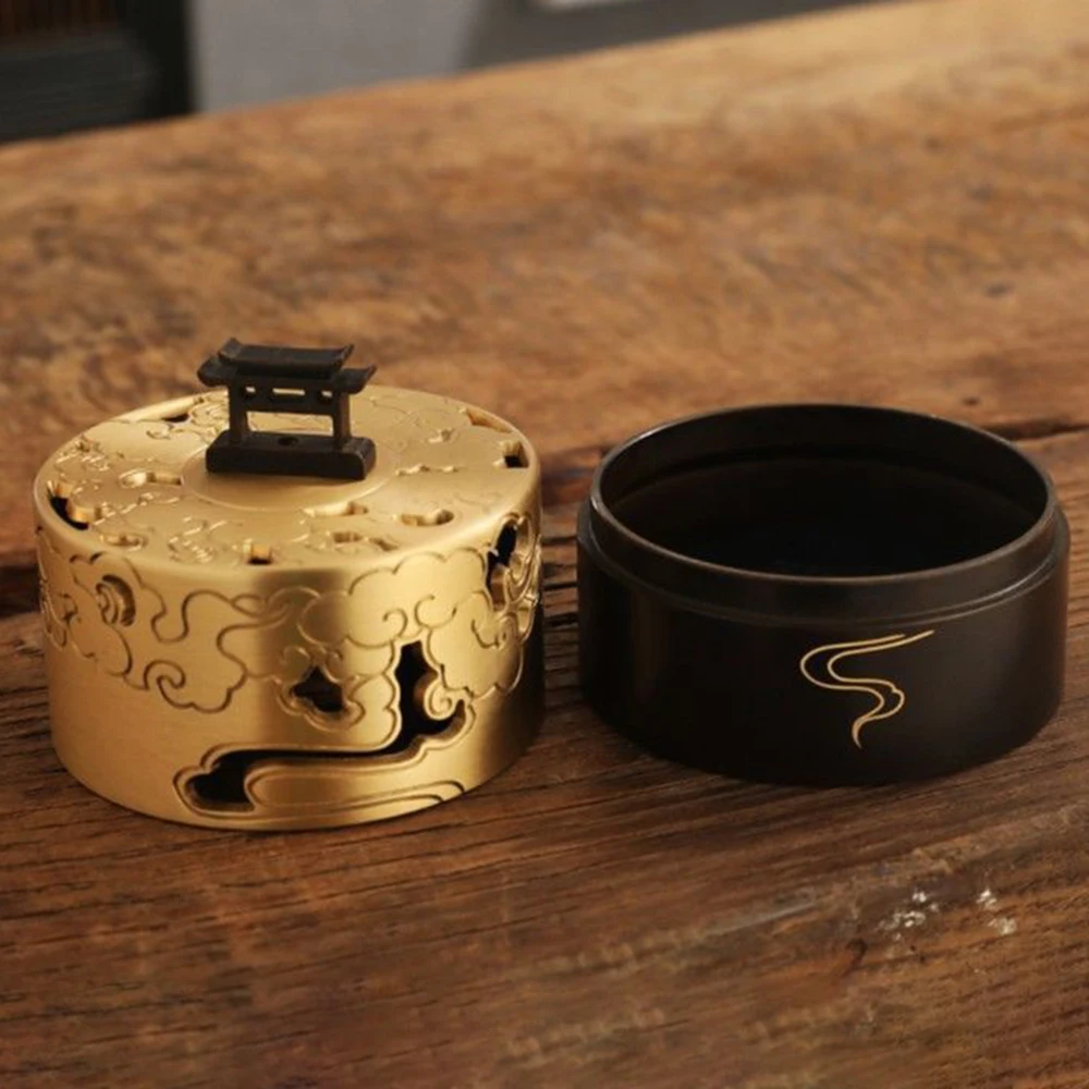 Brass Aroma Censer with Auspicious Clouds, Antique Style Sandalwood Incense Burner for Indoor, Chinese Tea Ceremony Home Decor