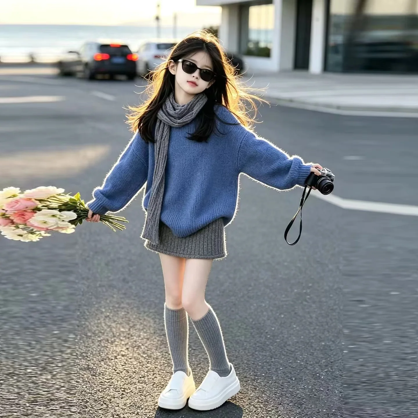 New Autumn Winter Girls Cloth Child Set Long Sleeve Teens t shirt Top Blue Sweater + Grey Mini Knitted Skirt 4 8 11 10 12 Year